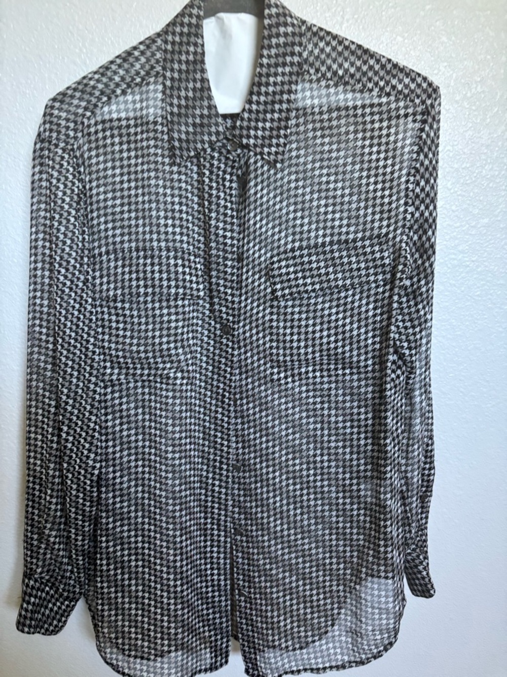 Equipment Black and White Houndstooth Sheer Blouse